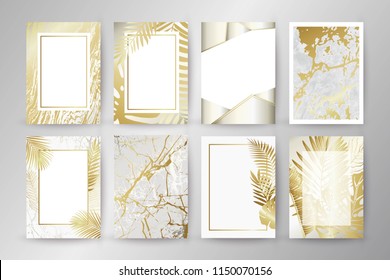 Conjunto de elegantes folletos, tarjetas, fondo, tapa. Textura de mármol gris y dorado. Marco geométrico. Palm, hojas exóticas. 