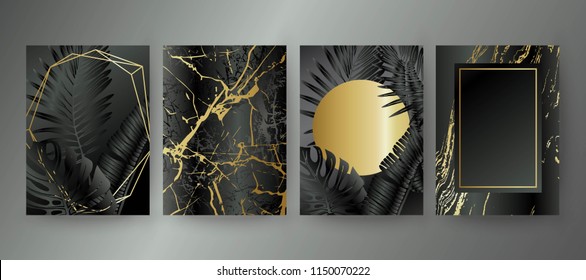 Set of elegant brochure, card, background, cover. Black and golden marble texture. Geometric frame. Palm, exotic leaves. 