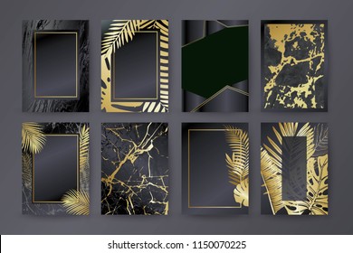 Set of elegant brochure, card, background, cover. Black and golden marble texture. Geometric frame. Palm, exotic leaves. 