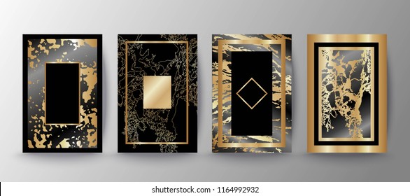 	
Set of elegant brochure, card, background, cover, wedding invitation. Black and golden marble texture. Geometric frame. 