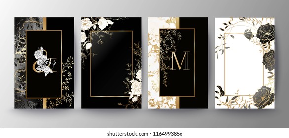 	
Set of elegant brochure, card, background, cover, wedding invitation. Black and golden marble texture. Geometric frame. Hand drawn fllowers. Floral arrangements.