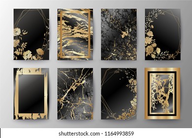 	
Set of elegant brochure, card, background, cover, wedding invitation. Black and golden marble texture. Geometric frame. Hand drawn fllowers. Floral arrangements.