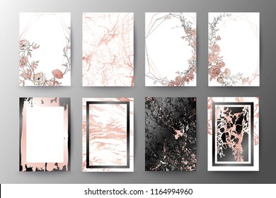 	
Set of elegant brochure, card, background, cover, wedding invitation. Black and rose gold marble texture. Geometric frame. Hand drawn fllowers. Floral arrangements.