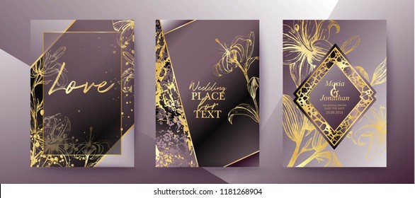 Set of elegant brochure, card, background, cover, wedding invitation. Lilac and golden marble texture. Geometric frame. Hand drawn fllowers, lilies. Floral arrangements.