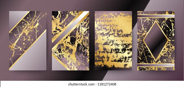 Set of elegant brochure, card, background, cover, wedding invitation. Lilac and golden marble texture. Geometric frame. Abstract gold foil backdrop.