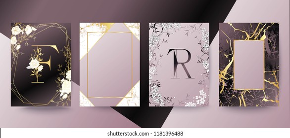 Set of elegant brochure, card, background, cover, wedding invitation. Lilac and golden marble texture. Geometric frame. Hand drawn fllowers. Floral arrangements.