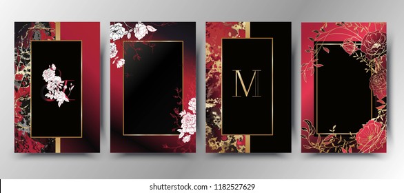 Set of elegant brochure, card, background, cover, wedding invitation. Black and golden marble texture. Geometric frame. Hand drawn flowers, roses. Floral arrangements.
