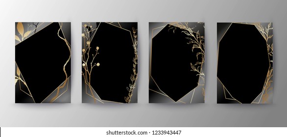 Set of elegant brochure, card, background, cover, wedding invitation. Black and golden marble texture. Geometric frame. Hand sketched botanicals.