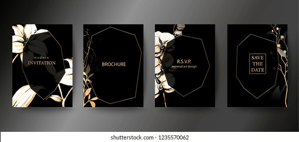 Set of elegant brochure, card, background, cover, wedding invitation. Black and golden marble texture. Geometric frame. Hand sketched botanicals. Orchid and lily flower.