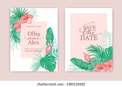 Set of elegant brochure, card, background, cover. Palm, exotic leaves, monstera, hibiscus flowers. Save the date, invitation, birthday card tropic design.