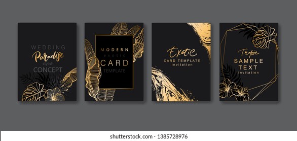 Set Of Elegant Brochure, Card, Background, Cover. Black And Golden Marble Texture. Geometric Frame. Palm, Exotic Leaves. Save The Date, Invitation, Birthday Card Design.