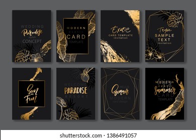 Set Of Elegant Brochure, Card, Background, Cover. Black And Golden Marble Texture. Geometric Frame. Palm, Exotic Leaves. Save The Date, Invitation, Birthday Card Design.