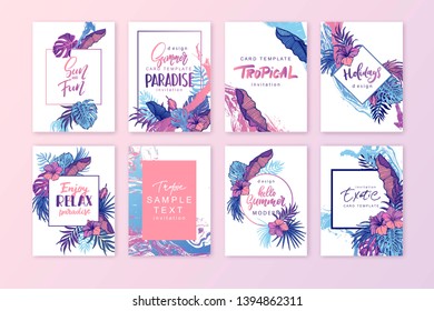 Set of elegant brochure, card, background, cover. Blue, pink color style. Colorful marble texture. Geometric frame. Palm, exotic leaves. Save the date, invitation, birthday card design.