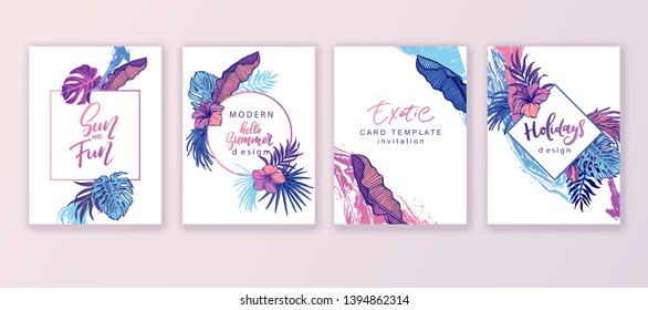 Set of elegant brochure, card, background, cover. Blue, pink color style. Colorful marble texture. Geometric frame. Palm, exotic leaves. Save the date, invitation, birthday card design.