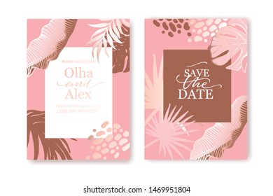 Set of elegant brochure, card, background, cover. Blush and rose gold marble texture. Geometric frame. Palm, exotic leaves. Save the date, invitation, birthday card design.