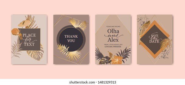 Set of elegant brochure, card, background, cover. Geometric frame. Palm, exotic leaves. Save the date, invitation, birthday card design.