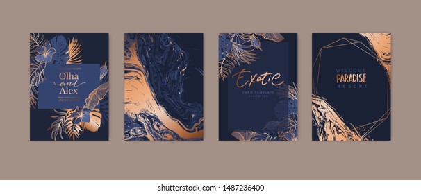 Set von eleganter Broschüre, Karte, Hintergrund, Abdeckung. Blau-goldener Marmorboden. Geometrischer Rahmen. Palme, exotische Blätter. Speichern Sie das Datum, die Einladung, das Design der Geburtstagskarte.