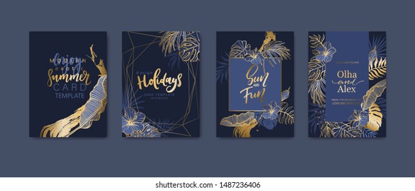 Set of elegant brochure, card, background, cover. Blue and golden marble texture. Geometric frame. Palm, exotic leaves. Save the date, invitation, birthday card design.
