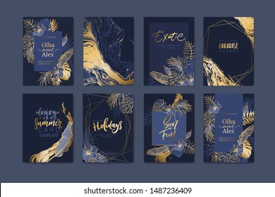 Set of elegant brochure, card, background, cover. Blue and golden marble texture. Geometric frame. Palm, exotic leaves. Save the date, invitation, birthday card design.