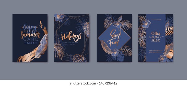 Set of elegant brochure, card, background, cover. Blue and golden marble texture. Geometric frame. Palm, exotic leaves. Save the date, invitation, birthday card design.