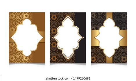 Set of elegant brochure, card, background, cover. Geometric frame. vector golden vintage golden border frame with retro ornamental pattern. Template for design. Vector illustration
