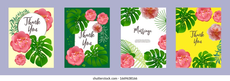 Set of elegant brochure, card, background, cover. Palm, camellia, exotic leaves. Save the date, invitation, birthday card design.