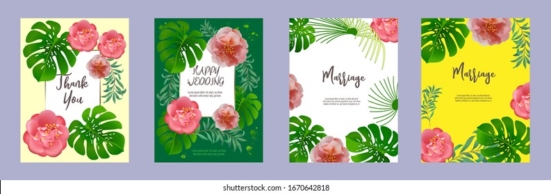 Conjunto de elegantes folletos, tarjetas, fondo, tapa. Palm, camellia, hojas exóticas. Guarde la fecha, invitación, diseño de la tarjeta de cumpleaños.