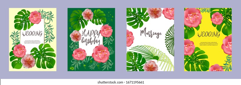 Conjunto de elegantes folletos, tarjetas, fondo, tapa. Palm, camellia, hojas exóticas. Guarde la fecha, invitación, diseño de la tarjeta de cumpleaños.
