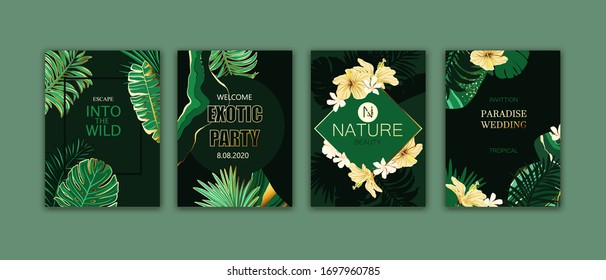 Set of elegant brochure, card, background, cover.Green and golden marble texture. Geometric frame. Palm, exotic leaves. Save the date, invitation, birthday card design.