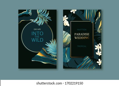 Set of elegant brochure, card, background, cover. Turquoise and golden marble texture. Geometric frame. Palm, exotic leaves. Save the date, invitation, birthday card design.