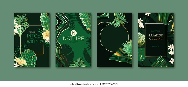 Set of elegant brochure, card, background, cover. Green and golden marble texture. Geometric frame. Palm, exotic leaves. Save the date, invitation, birthday card design.