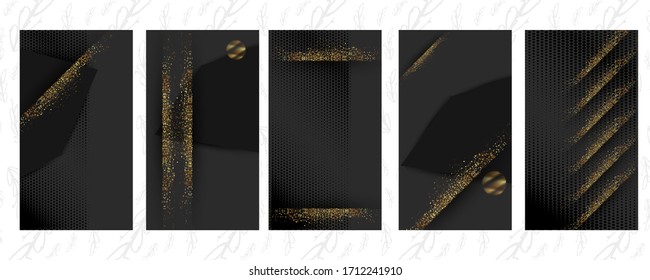 Conjunto de elegantes folletos, tarjetas, fondo o tapa. Marco geométrico de textura negra y dorada. Conjunto vectorial de reserva de invitación