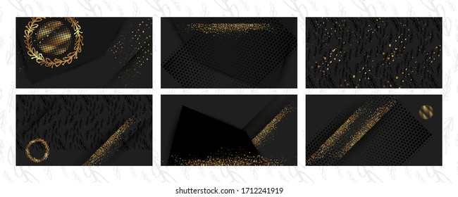 Set of elegant brochure, card, background or cover. Black and golden texture geometric frame. Invitation stock vector set