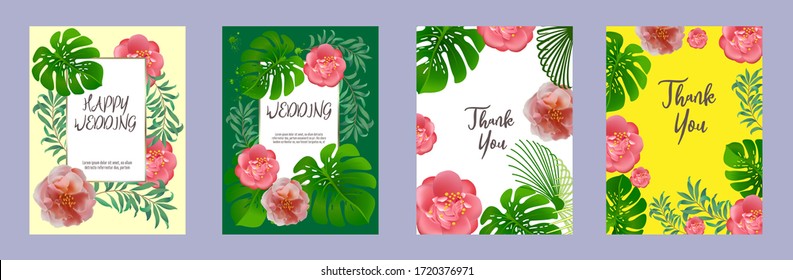 Set of elegant brochure, card, background, cover. Palm, camellia, exotic leaves. Save the date, invitation, birthday card design.