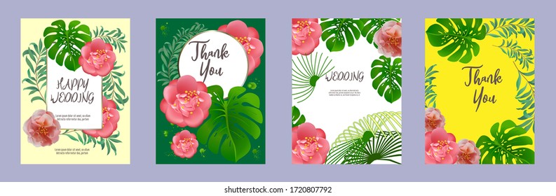Set of elegant brochure, card, background, cover. Palm, camellia, exotic leaves. Save the date, invitation, birthday card design.