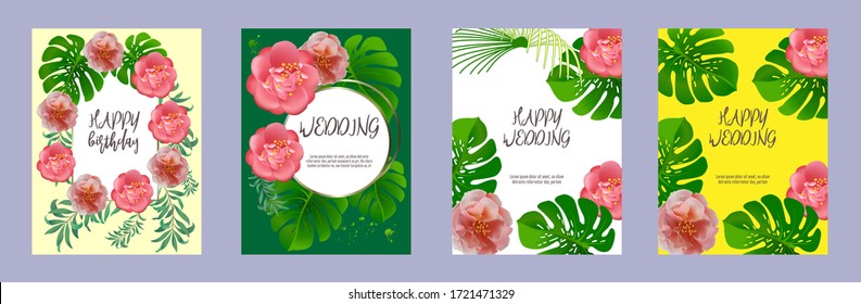 Set von eleganter Broschüre, Karte, Hintergrund, Abdeckung. Palmen, Kamelien, exotische Blätter. Speichern Sie das Datum, die Einladung, das Design der Geburtstagskarte.