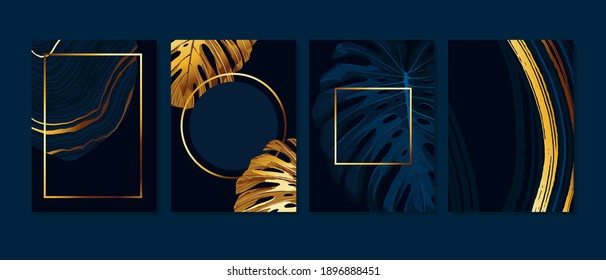 Set Of Elegant Brochure, Card, Background, Cover. Blue And Golden Marble Texture. Geometric Frame. Palm, Exotic Leaves, Monstera Leaf. Save The Date, Invitation, Birthday Card Design.