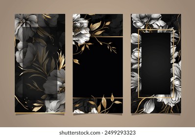 Conjunto de folleto elegante, tarjeta, fondo, cubierta. Textura de mármol negro y dorado. Marco geométrico. Flor, hojas exóticas