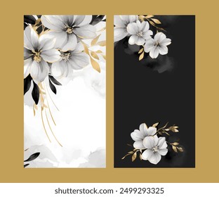 Set of elegant brochure, card, background, cover. Black and golden marble texture. Geometric frame. Palm tree, exotic leaves