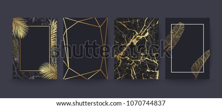 Set of elegant brochure, card, background, cover. Black and golden marble texture. Geometric frame. Palm, exotic leaves. 