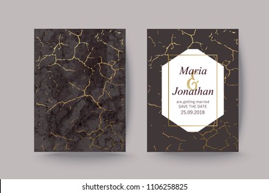 Set of elegant brochure, card, cover. Black and golden marble texture. Vintage  gold background. Geometric frame. 