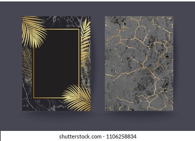 Set of elegant brochure, card, cover. Black and golden marble texture. Vintage  gold background. Geometric frame. Palm exotic leaves.