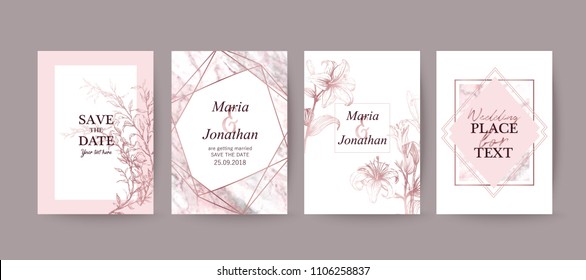 Set of elegant brochure, card, cover. Pink, white and rose gold marble texture. Vintage  golden background. Geometric frame.  Botanical art. Hand drawn lilies.