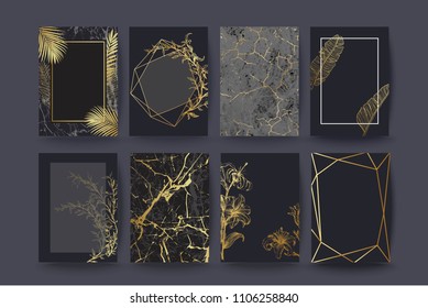 Set of elegant brochure, card, cover. Black and golden marble texture. Vintage  gold background. Geometric frame. Palm exotic leaves. Botanical art.