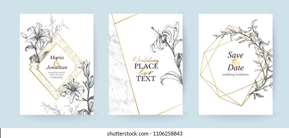 Set of elegant brochure, card, cover. Grey and golden marble texture. Vintage  gold background. Geometric frame.  Botanical art. Hand drawn lilies.