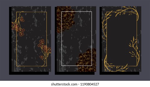 Set of elegant brochure, card, cover. Black and golden marble texture. Vintage gold background. Geometric frame. Rowanberryand hydrangea flowers. Botanical art
