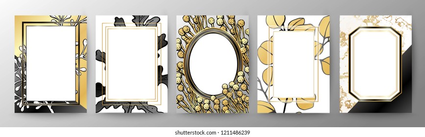 Set of elegant brochure, card, cover. Black and golden marble texture. Vintage  gold background. Geometric frame.  Botanical art.