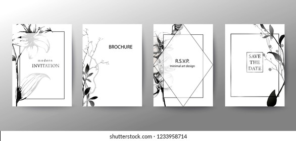 	
Set of elegant brochure, card, cover. Black and white botanical design. Minimal modern style frame, composition for text. Botanical art. Hand drawn lilies, orchids, leaves.