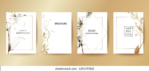 Set of elegant brochure, card, cover. Black and white, golden gradient botanical design. Minimal modern style frame, composition for text. Botanical art. Hand drawn lilies, orchids, leaves.