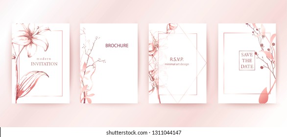 Set of elegant brochure, card, cover. Rose gold gradient botanical design on white background. Minimal modern style frame, composition for text. Botanical art. Hand drawn lilies, orchids, leaves.